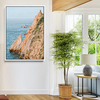 74527880-MGV-FC-24X36-Cliff Divers Wall Art Canvas Print, Framed Ocean Adventure Art Picture Print, Coastal Movement Perfect Adventurous Coastal Decor