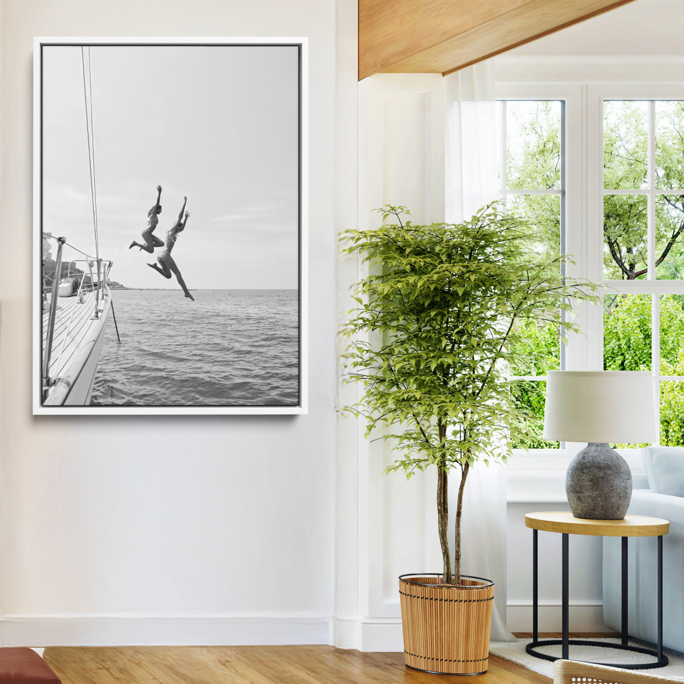 74555508-MGV-FC-24X36-Black White Sailing Wall Art Canvas Print, Framed Ocean Adventure Art Picture Print, Summer Energy Perfect Modern Minimalism Decor