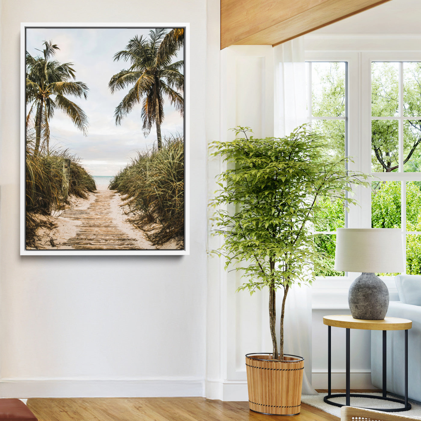 47319550-MGV-FC-24X36-Tropical Beach Wall Art Canvas Print, Framed Rustic Sand Art Picture Print, Palm Tree Perfect Tropical Coastal Decor Artwork