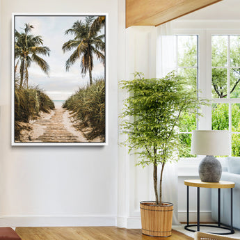 47319550-MGV-FC-24X36-Tropical Beach Wall Art Canvas Print, Framed Rustic Sand Art Picture Print, Palm Tree Perfect Tropical Coastal Decor Artwork