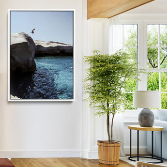 96853328-MGV-FC-24X36-Cliff Diving Wall Art Canvas Print, Framed Turquoise Sea Art Picture Print, Ocean Adventure Perfect Coastal Minimalist Decor