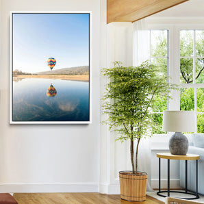 98091684-MGV-FC-24X36-Hot Air Balloon Wall Art Canvas Print, Framed Flight Reflection Art Picture Print, Peaceful Lakeside Perfect Modern Minimalist