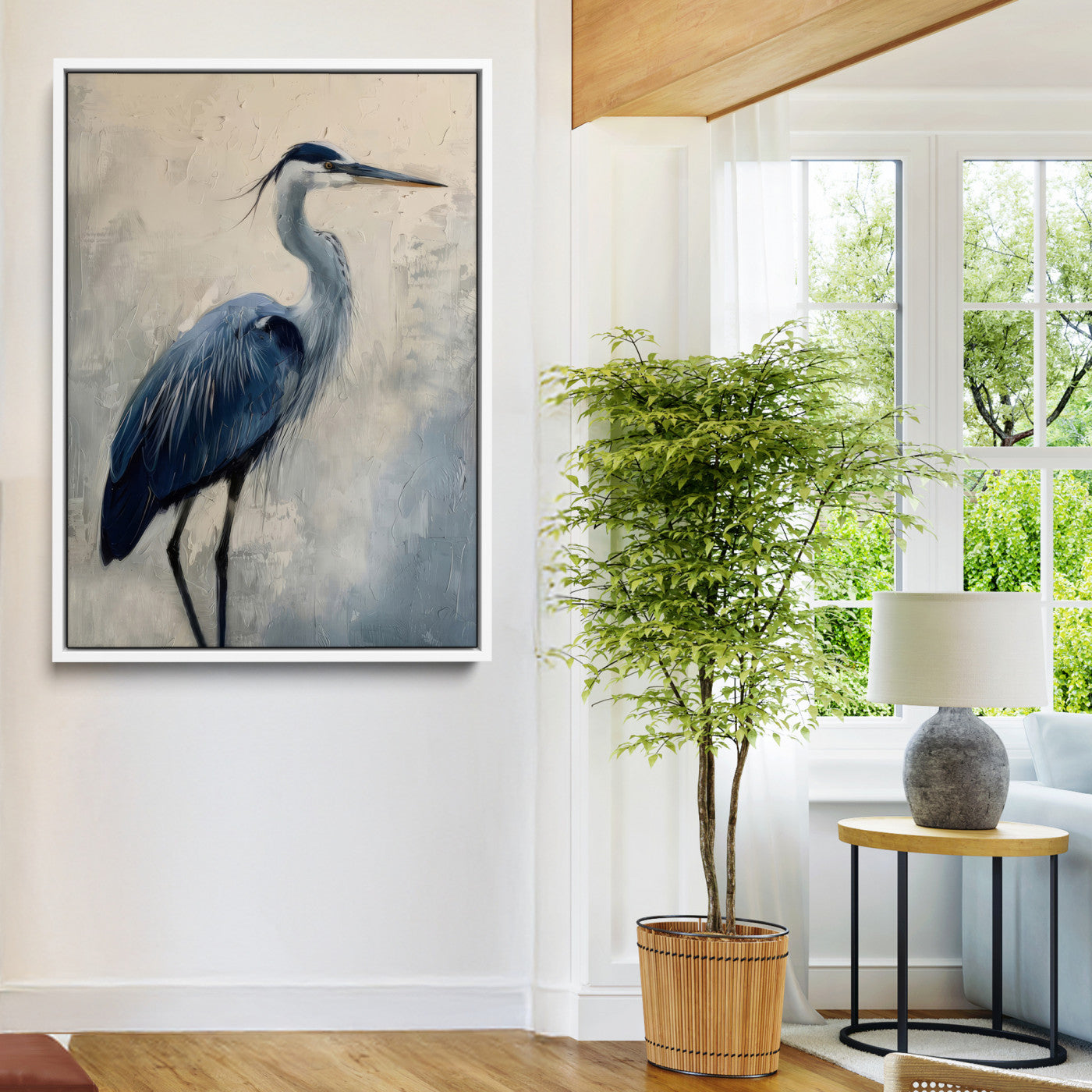 51380726-MGV-FC-24X36-Blue Heron Decor Wall Art Canvas Print, Framed Coastal Bird Design Art Picture Print, Minimal Heron Portrait Perfect Coastal