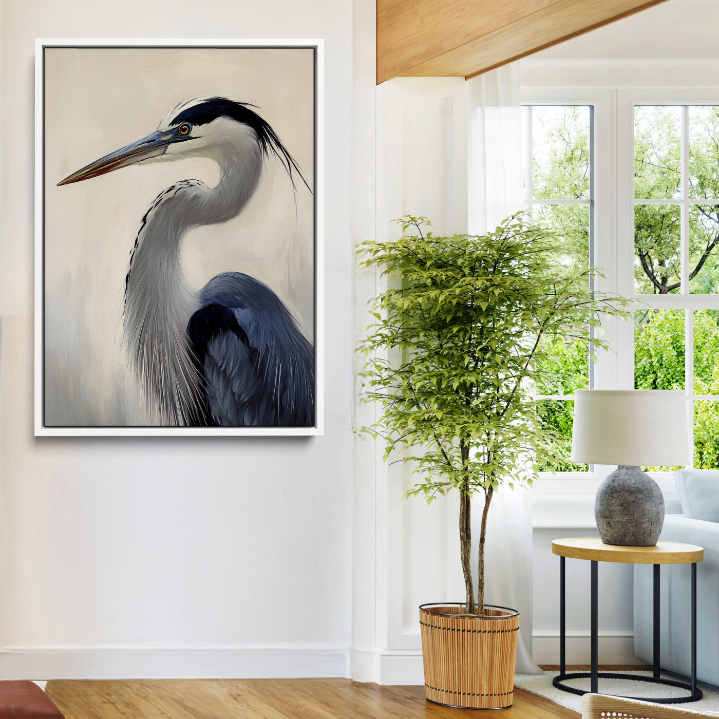 60171823-MGV-FC-24X36-Blue Heron Wall Art Canvas Print, Framed Coastal Bird Theme Art Picture Print, Minimalist Wildlife Perfect Coastal Minimalist