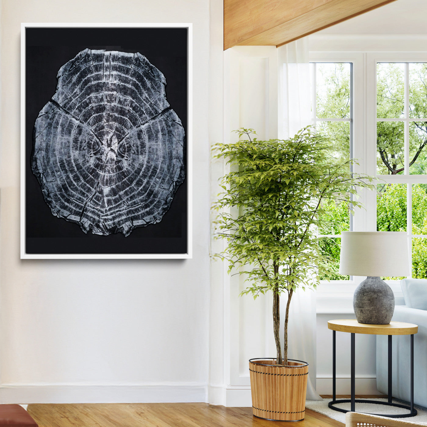 67859667-MGV-FC-24X36-Tree Ring Wall Art Wall Art Canvas Print, Framed Wood Slice Canvas Art Picture Print, Monochrome Nature Decor Perfect Modern