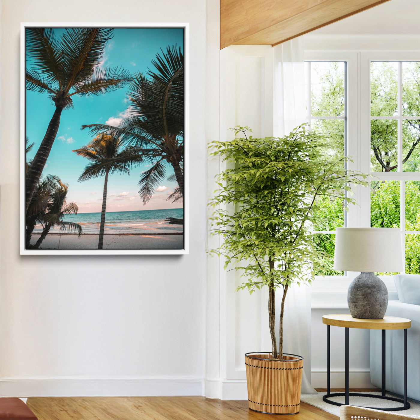 49451039-MGV-FC-24X36-Palm Trees Wall Art Canvas Print, Framed Tropical Beach Art Picture Print, Ocean Breeze Perfect Tropical Coastal Decor Artwork