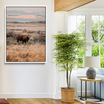 75146693-MGV-FC-24X36-Solitary Buffalo Wall Art Canvas Print, Framed Golden Prairie Art Picture Print, Earthy Tones Perfect Rustic Western Decor Artwork