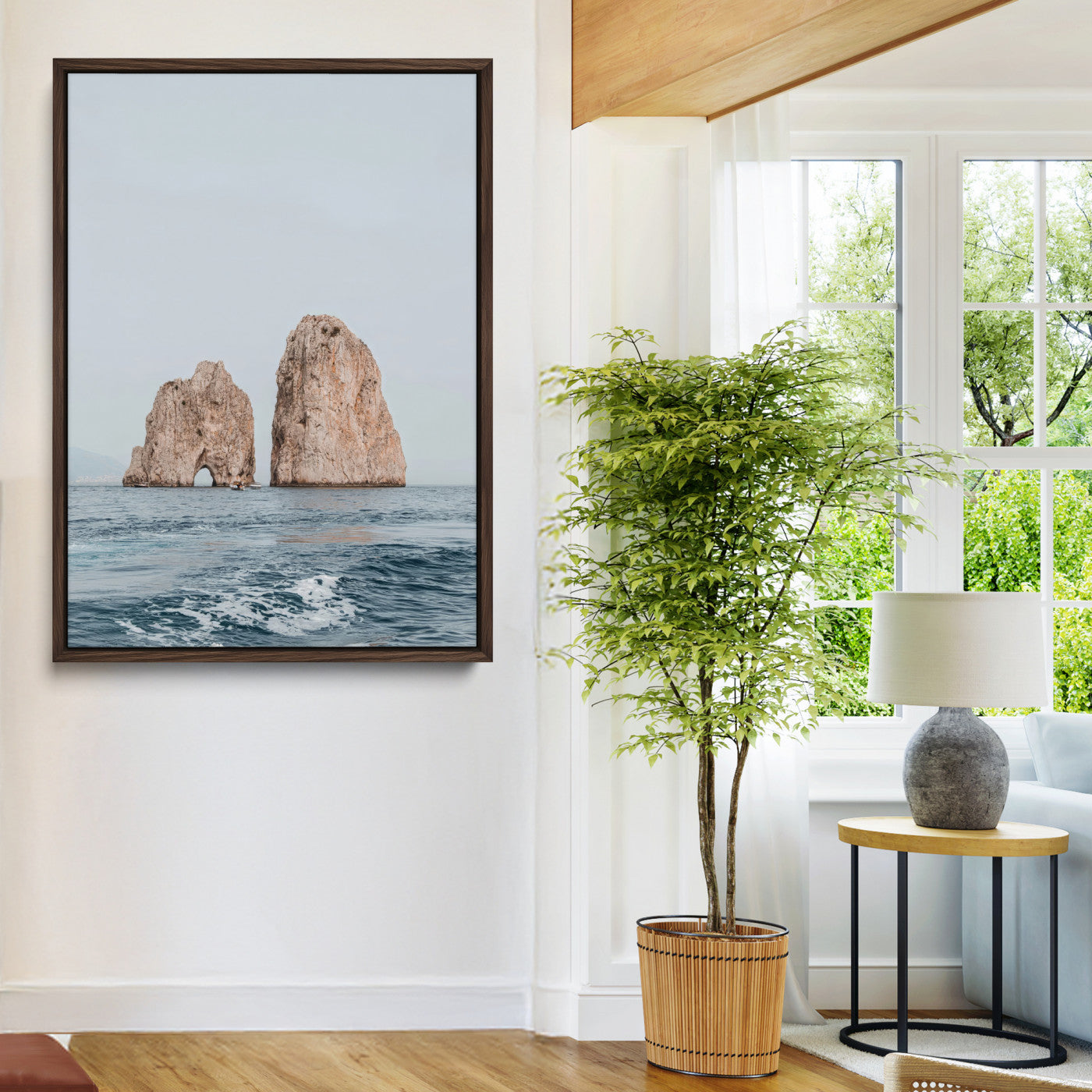 23148844-MGV-CV-24X36-Faraglioni Capri Wall Art Canvas Print, Framed Serene Ocean Art Picture Print, Mediterranean Coastal Perfect Mediterranean