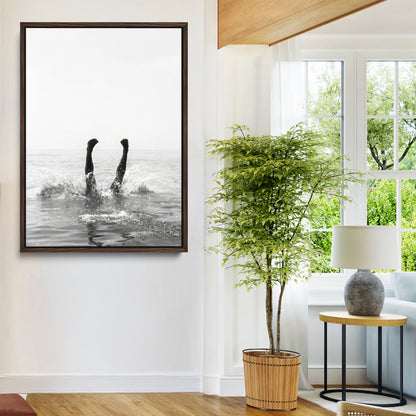 43900465-MGV-CV-24X36-Minimal Ocean Wall Art Canvas Print, Framed Monochrome Diving Art Picture Print, Swimmer in Sea Perfect Minimalist Coastal Decor