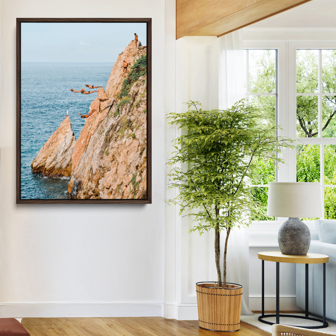 74527880-MGV-CV-24X36-Cliff Divers Wall Art Canvas Print, Framed Ocean Adventure Art Picture Print, Coastal Movement Perfect Adventurous Coastal Decor