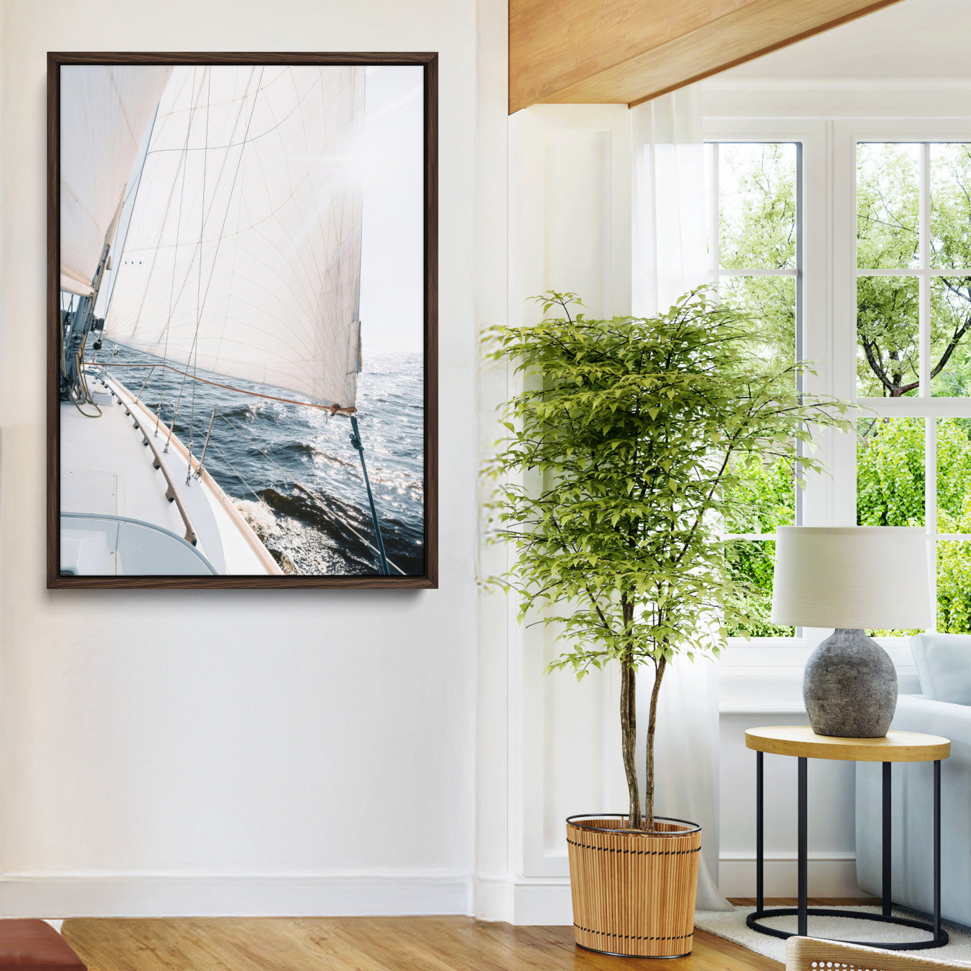 95570785-MGV-CV-24X36-Sailing Boat Wall Art Canvas Print, Framed Bright Nautical Art Picture Print, Sailing Sea Perfect Coastal Minimalist Decor Artwork