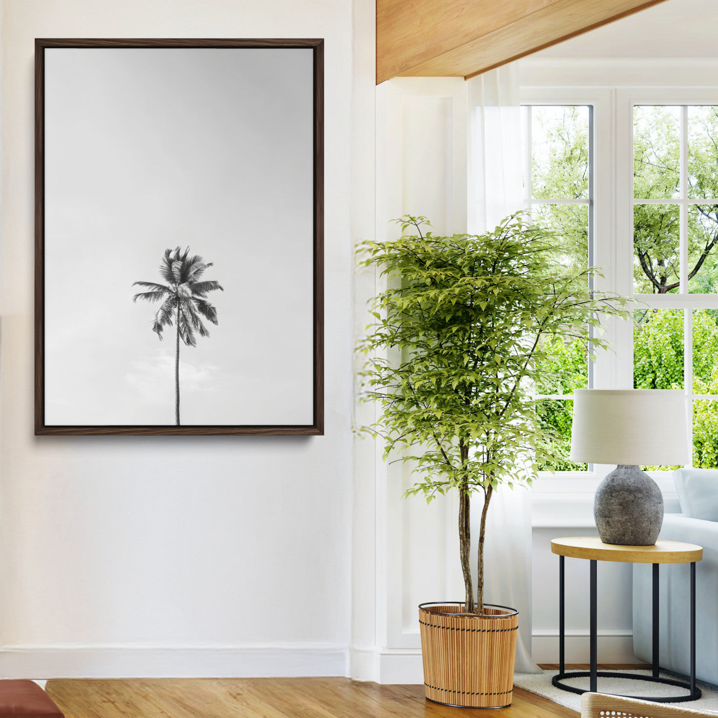 67263674-MGV-CV-24X36-Lone Palm Tree Wall Art Canvas Print, Framed Minimalist Tropical Art Picture Print, Monochrome Beach Perfect Modern Coastal