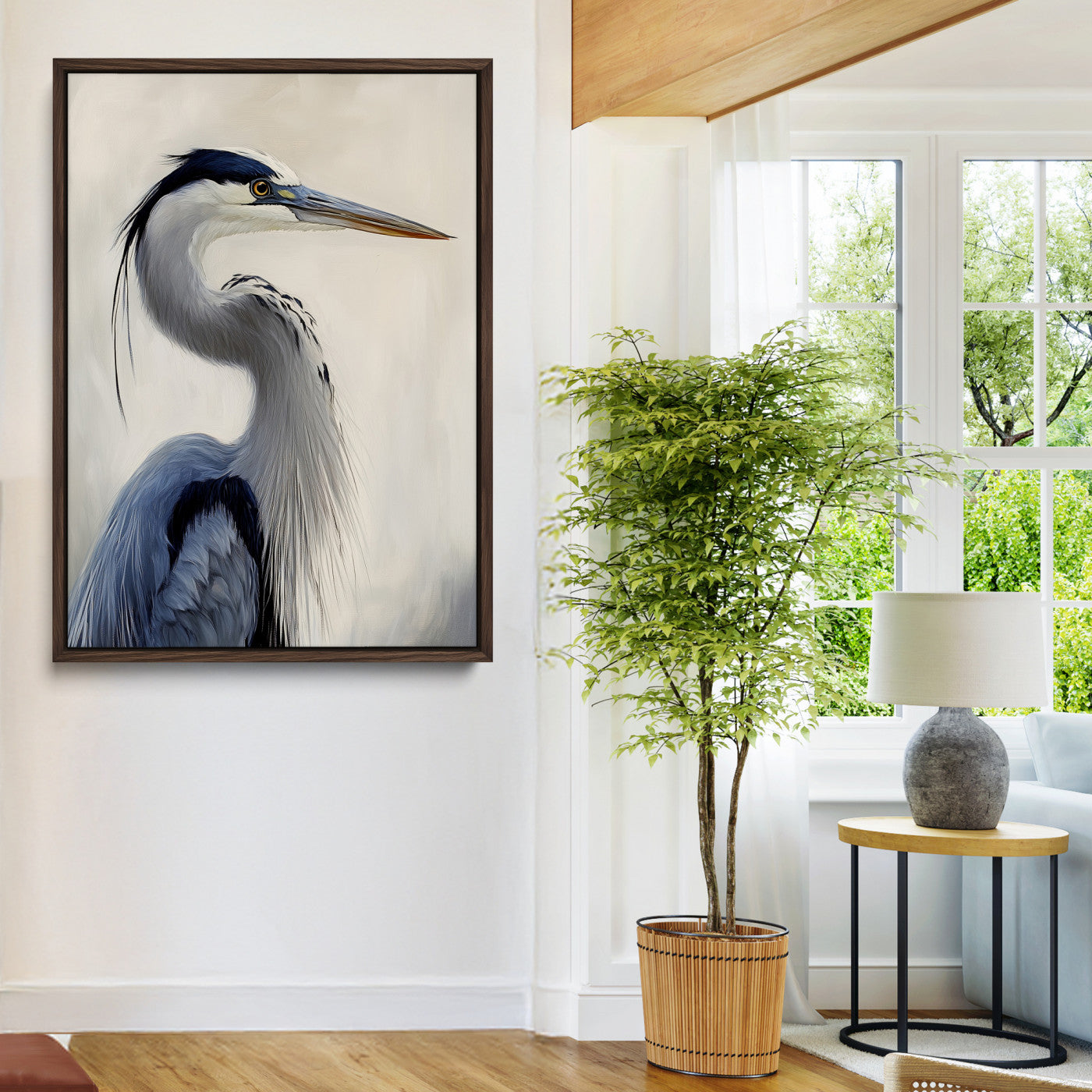 79581184-MGV-CV-24X36-Blue Heron Wall Art Canvas Print, Framed Elegant Wildlife Art Picture Print, Minimalist Bird Theme Perfect Coastal Minimalist
