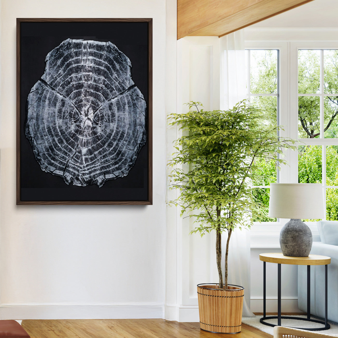 67859667-MGV-CV-24X36-Tree Ring Wall Art Wall Art Canvas Print, Framed Wood Slice Canvas Art Picture Print, Monochrome Nature Decor Perfect Modern