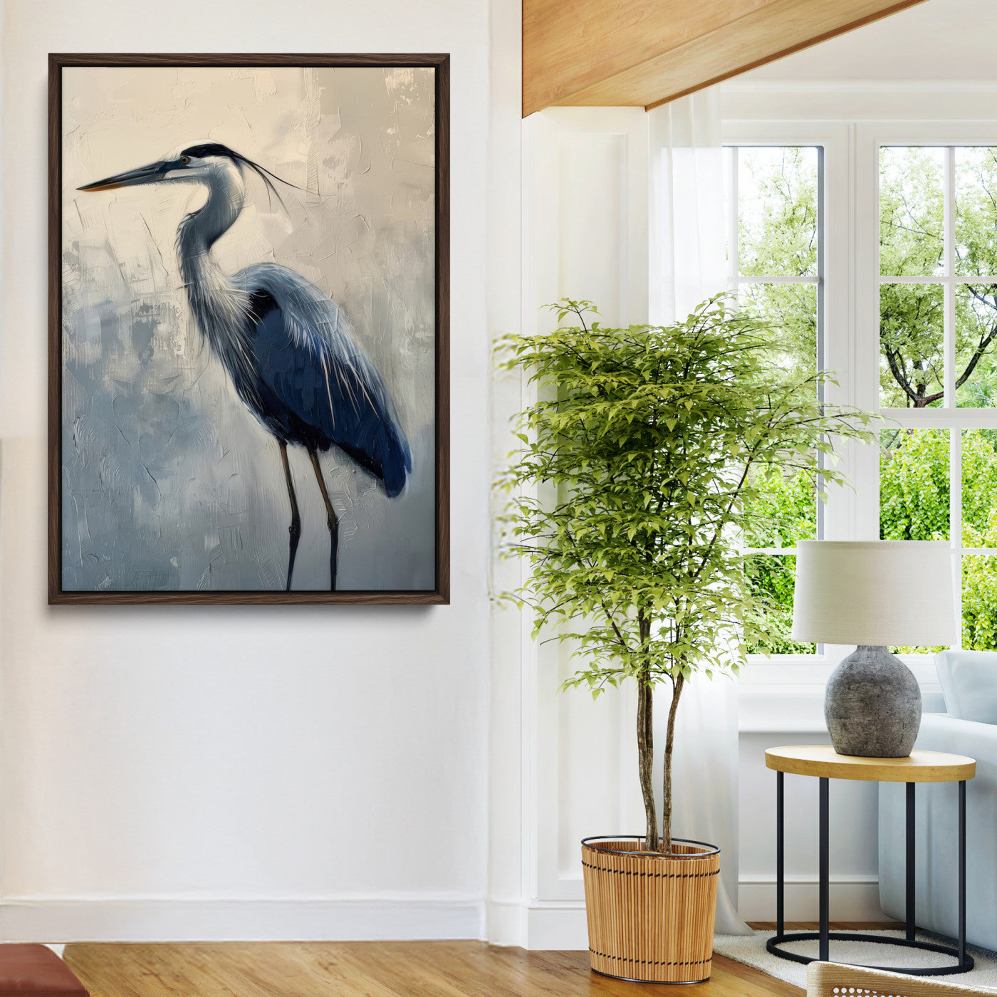 68368019-MGV-CV-24X36-Blue Heron Art Wall Art Canvas Print, Framed Crane Bird Painting Art Picture Print, Elegant Wildlife Scene Perfect Coastal