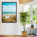 21725303-MGV-CV-24X36-Coastal Serenity Wall Art Canvas Print, Framed Ocean View Art Picture Print, Rustic Boat Perfect Nautical Coastal Decor Artwork