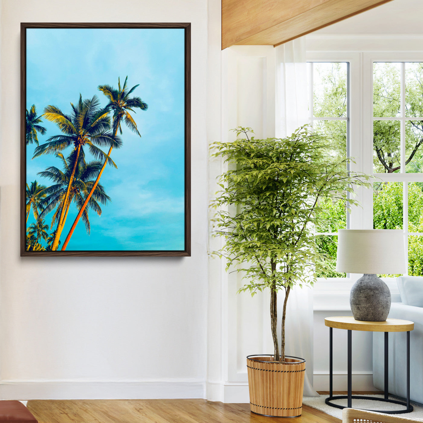 62885569-MGV-CV-24X36-Palm Trees Wall Art Canvas Print, Framed Tropical Vibes Art Picture Print, Blue Sky Perfect Coastal Boho Decor Artwork