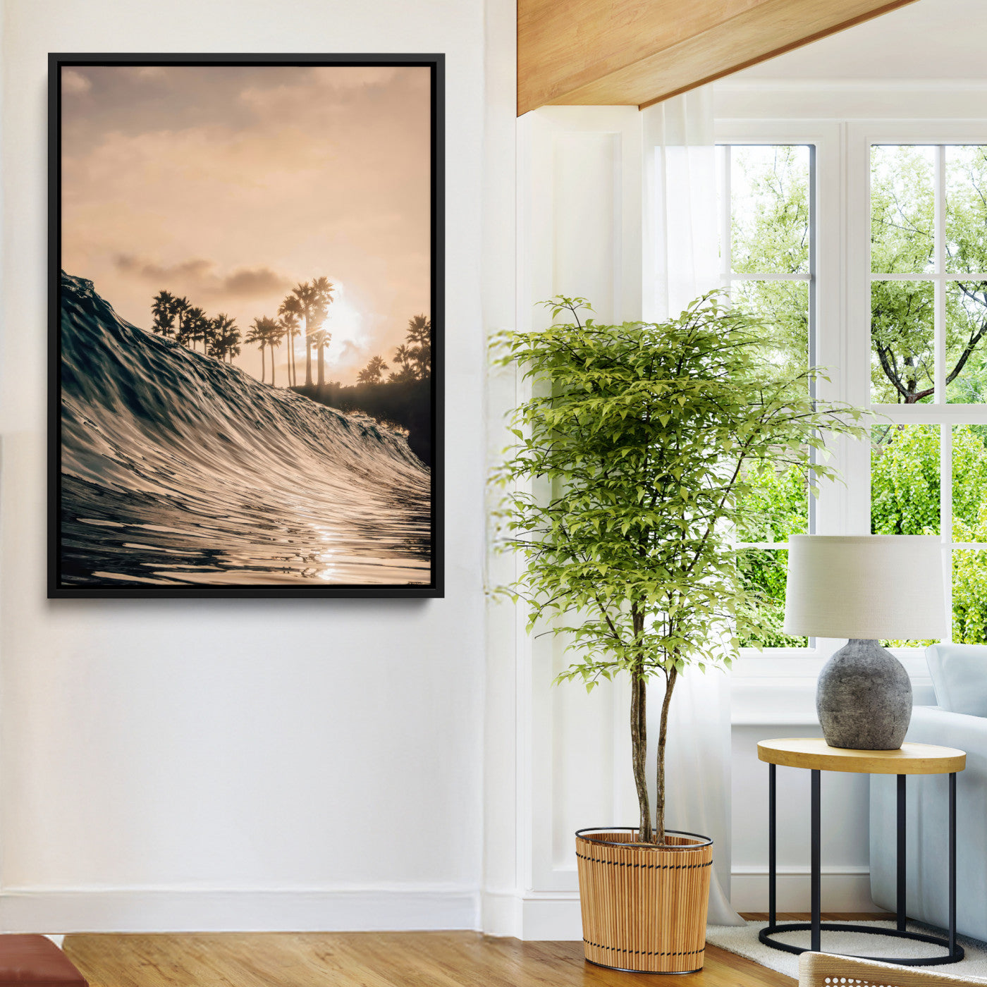 50270635-MGV-FC-24X36-Golden Hour Ocean Wall Art Canvas Print, Framed Beach Sunset Art Picture Print, Palm Trees Perfect Tropical Coastal Decor Artwork