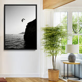 99497106-MGV-FC-24X36-Cliff Jumping Wall Art Canvas Print, Framed Black White Ocean Art Picture Print, Monochrome Cliff Perfect Minimalist Adventure