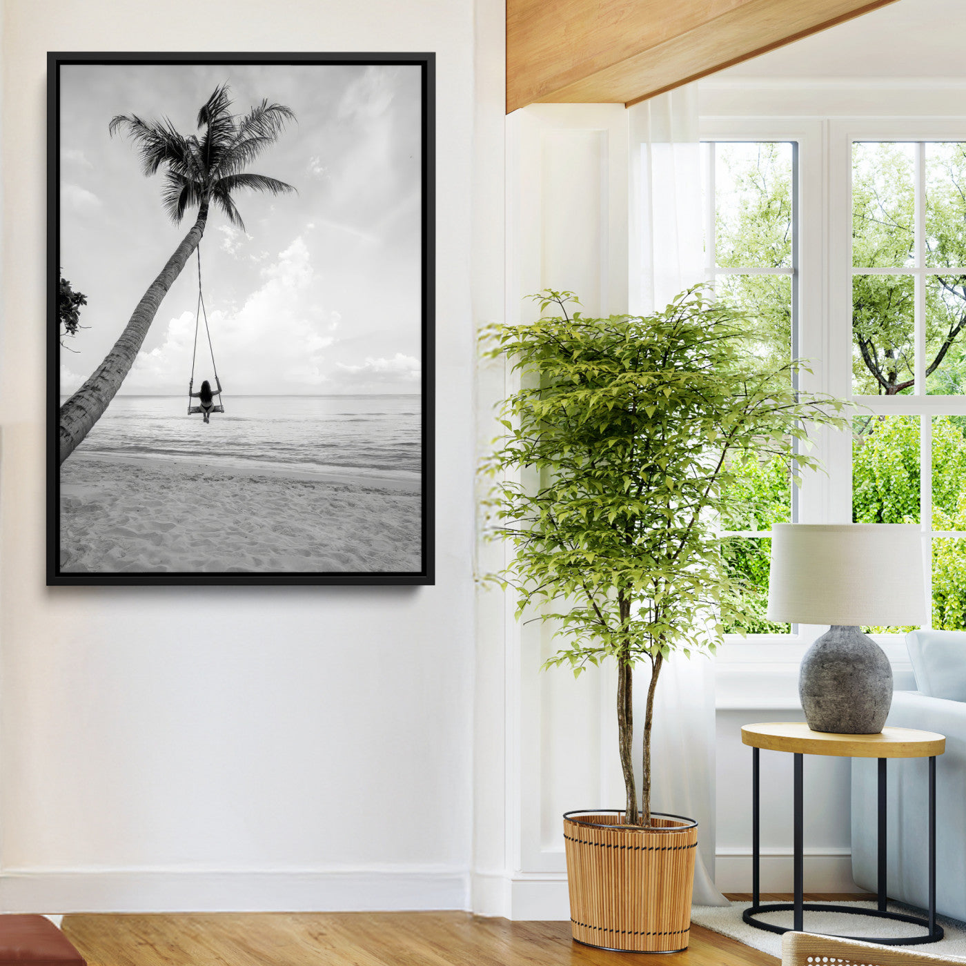 78460277-MGV-FC-24X36-Black White Palms Wall Art Canvas Print, Framed Beach Swing Art Picture Print, Monochrome Coastal Perfect Minimalist Coastal Decor