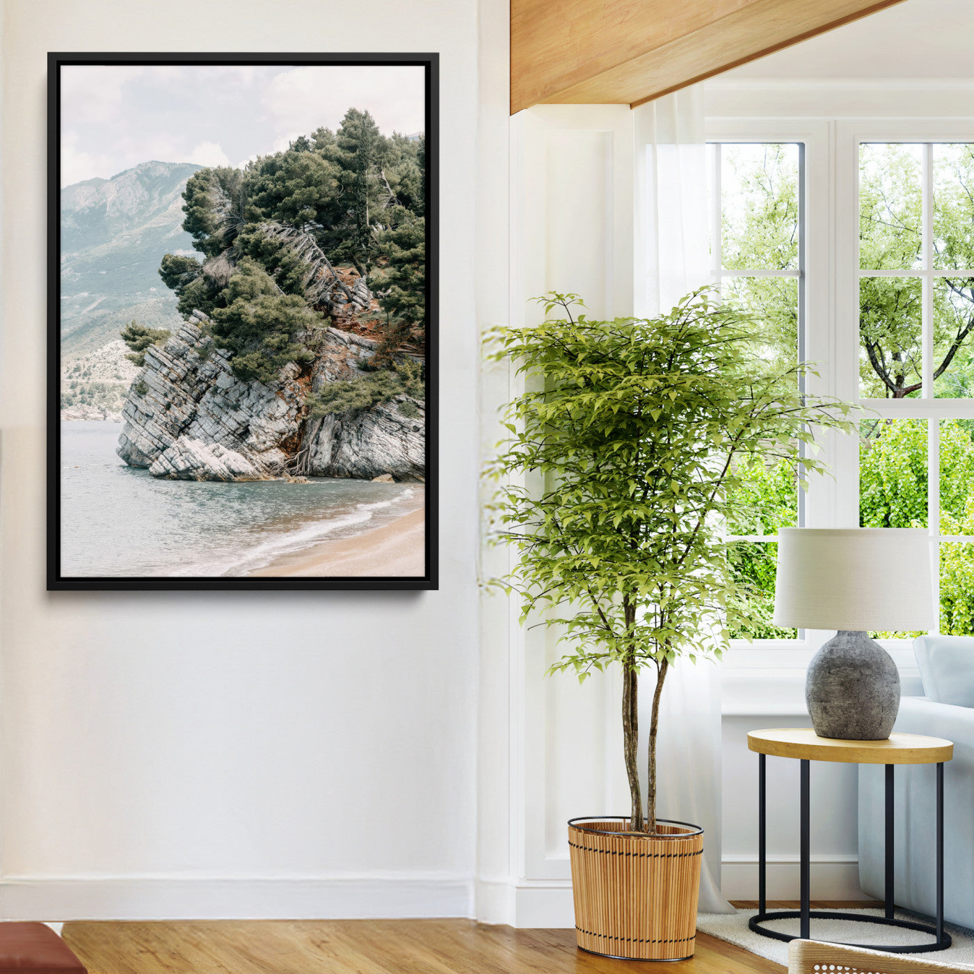 28003346-MGV-FC-24X36-Beach Trees Wall Art Canvas Print, Framed Earthy Beachside Art Picture Print, Beachside Nature Perfect Rustic Coastal Decor