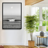 96234442-MGV-FC-24X36-Black White Ocean Scene Wall Art Canvas Print, Framed Full Moon Over Sea Art Picture Print, Tranquil Coastal Canvas Perfect