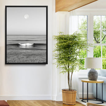96234442-MGV-FC-24X36-Black White Ocean Scene Wall Art Canvas Print, Framed Full Moon Over Sea Art Picture Print, Tranquil Coastal Canvas Perfect