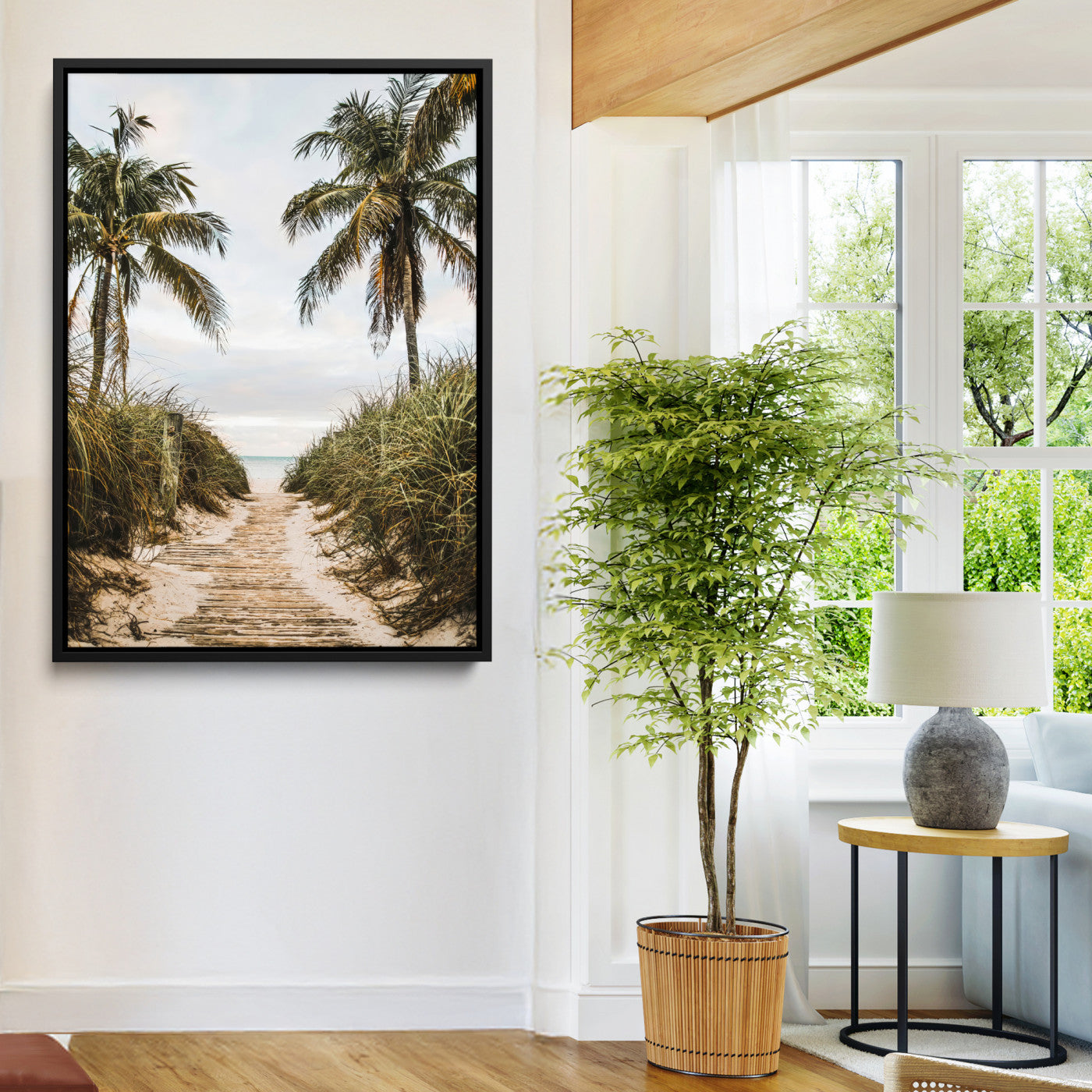 47319550-MGV-FC-24X36-Tropical Beach Wall Art Canvas Print, Framed Rustic Sand Art Picture Print, Palm Tree Perfect Tropical Coastal Decor Artwork