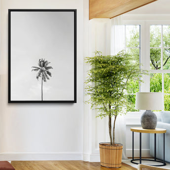 67263674-MGV-FC-24X36-Lone Palm Tree Wall Art Canvas Print, Framed Minimalist Tropical Art Picture Print, Monochrome Beach Perfect Modern Coastal