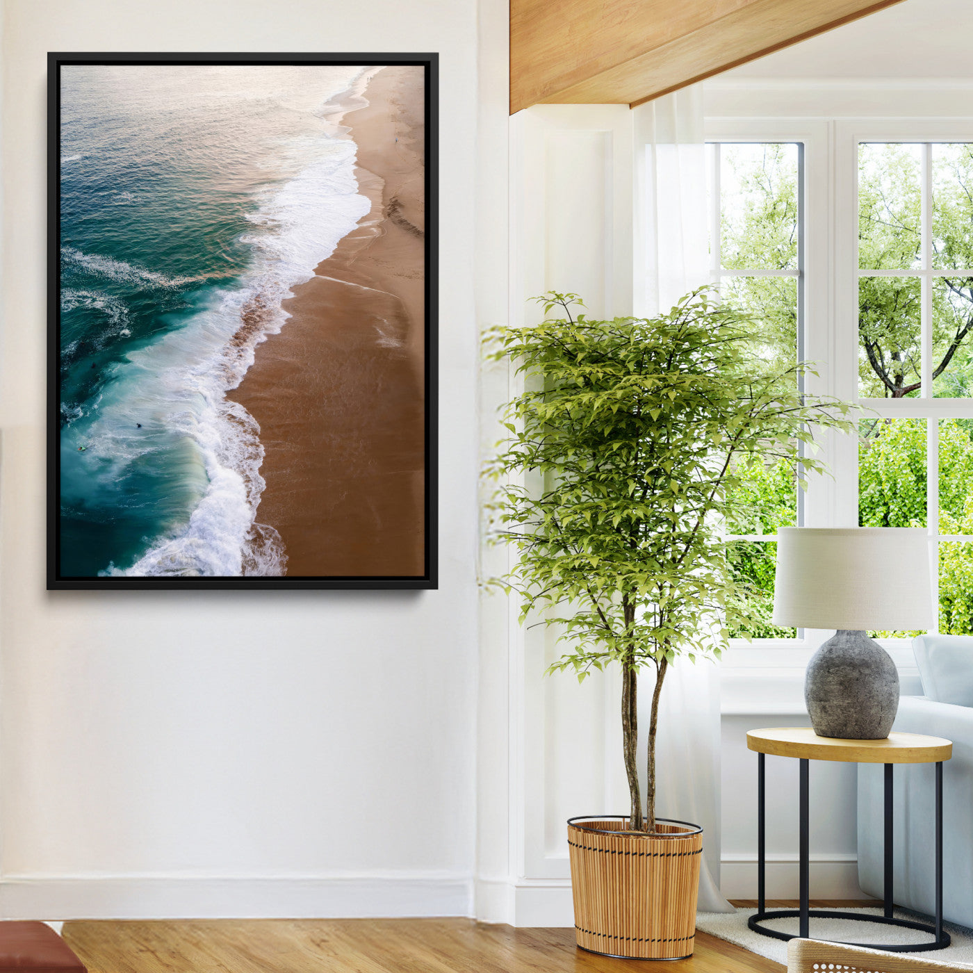 46042804-MGV-FC-24X36-Aerial Beach Wall Art Canvas Print, Framed Coastal Waves Art Picture Print, Turquoise Ocean Perfect Modern Coastal Decor Artwork