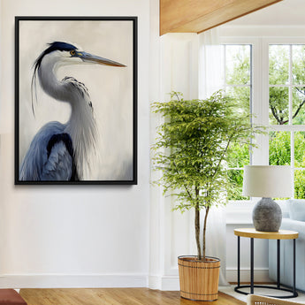 79581184-MGV-FC-24X36-Blue Heron Wall Art Canvas Print, Framed Elegant Wildlife Art Picture Print, Minimalist Bird Theme Perfect Coastal Minimalist