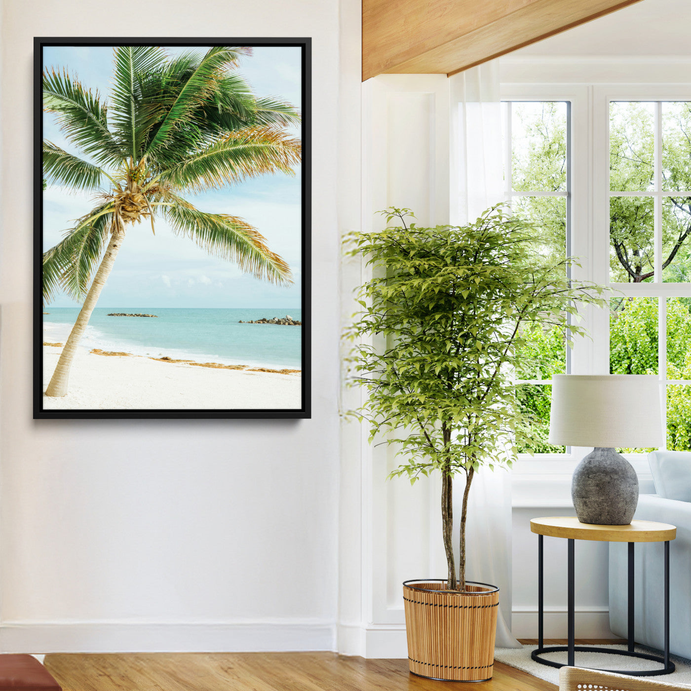 83804429-MGV-FC-24X36-Palm Tree Wall Art Canvas Print, Framed Tropical Beach Art Picture Print, Soft Sand Perfect Tropical Coastal Decor Artwork