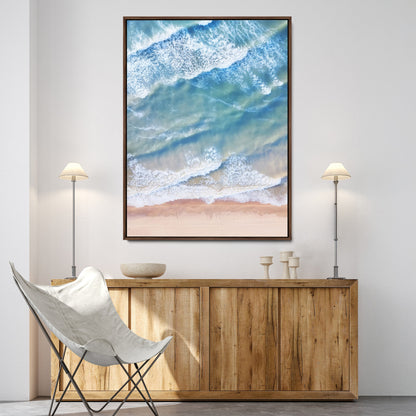 81208260-MGV-FC-24X36-Aerial Ocean Wall Art Canvas Print, Framed Blue Waves Art Picture Print, Sandy Shoreline Perfect Modern Coastal Decor Artwork