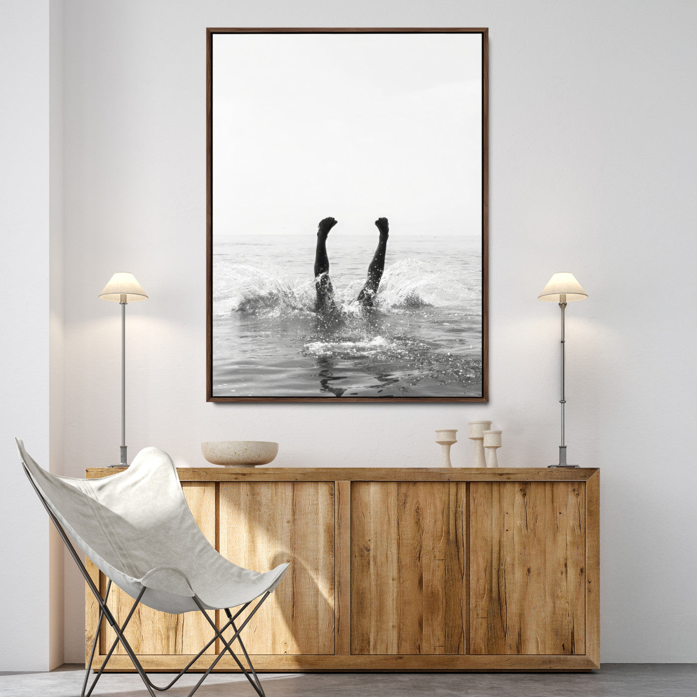 43900465-MGV-FC-24X36-Minimal Ocean Wall Art Canvas Print, Framed Monochrome Diving Art Picture Print, Swimmer in Sea Perfect Minimalist Coastal Decor