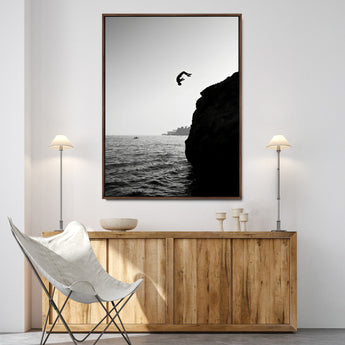 99497106-MGV-FC-24X36-Cliff Jumping Wall Art Canvas Print, Framed Black White Ocean Art Picture Print, Monochrome Cliff Perfect Minimalist Adventure