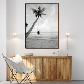 78460277-MGV-FC-24X36-Black White Palms Wall Art Canvas Print, Framed Beach Swing Art Picture Print, Monochrome Coastal Perfect Minimalist Coastal Decor