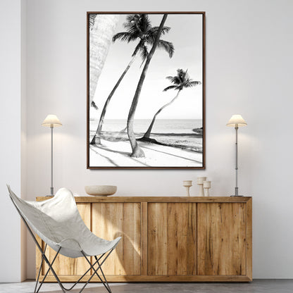 50406026-MGV-FC-24X36-Black White Palms Wall Art Canvas Print, Framed Tropical Beach Art Picture Print, Minimalist Coastal Perfect Coastal Minimalist