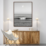 96234442-MGV-FC-24X36-Black White Ocean Scene Wall Art Canvas Print, Framed Full Moon Over Sea Art Picture Print, Tranquil Coastal Canvas Perfect