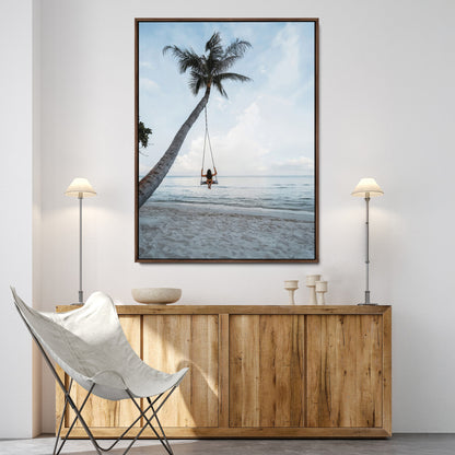 86062249-MGV-FC-24X36-Tropical Swing Wall Art Canvas Print, Framed Ocean Horizon Art Picture Print, Palm Trees Perfect Tropical Minimalist Decor Artwork