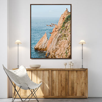 74527880-MGV-FC-24X36-Cliff Divers Wall Art Canvas Print, Framed Ocean Adventure Art Picture Print, Coastal Movement Perfect Adventurous Coastal Decor