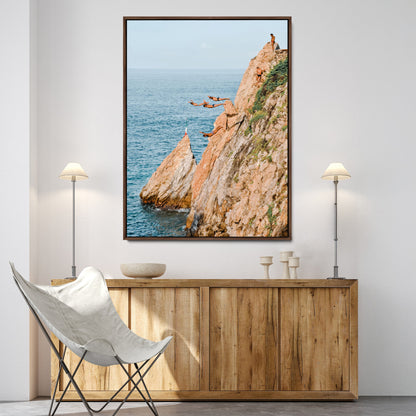 74527880-MGV-FC-24X36-Cliff Divers Wall Art Canvas Print, Framed Ocean Adventure Art Picture Print, Coastal Movement Perfect Adventurous Coastal Decor