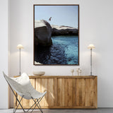 96853328-MGV-FC-24X36-Cliff Diving Wall Art Canvas Print, Framed Turquoise Sea Art Picture Print, Ocean Adventure Perfect Coastal Minimalist Decor