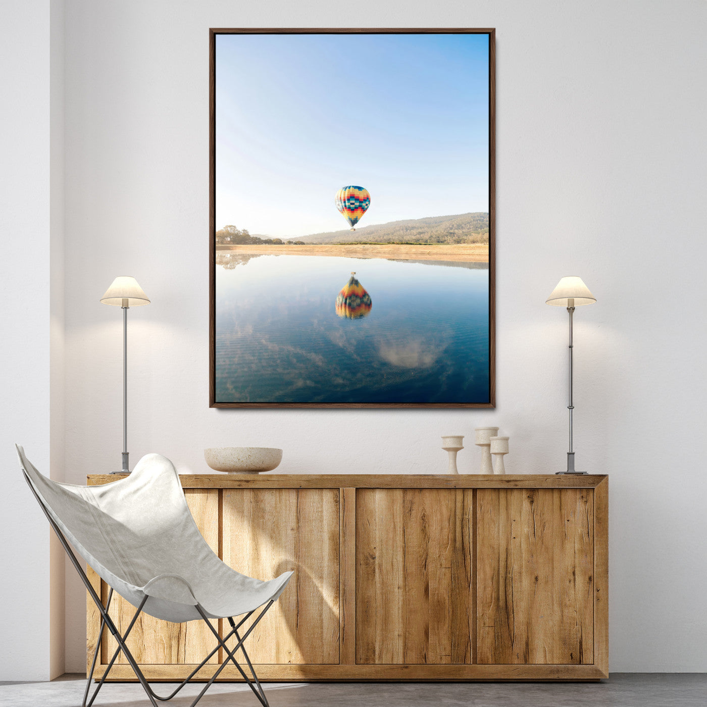 98091684-MGV-FC-24X36-Hot Air Balloon Wall Art Canvas Print, Framed Flight Reflection Art Picture Print, Peaceful Lakeside Perfect Modern Minimalist
