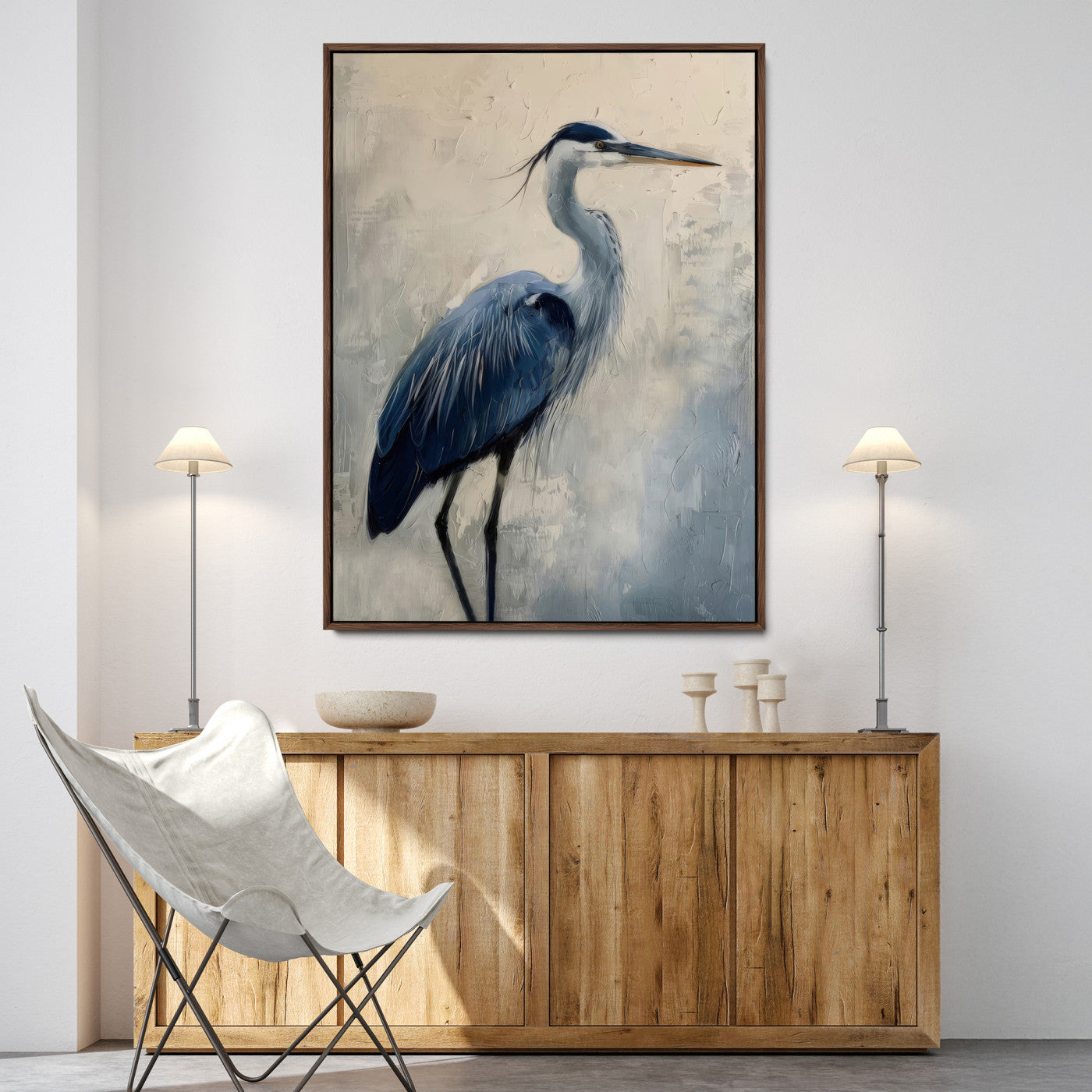 51380726-MGV-FC-24X36-Blue Heron Decor Wall Art Canvas Print, Framed Coastal Bird Design Art Picture Print, Minimal Heron Portrait Perfect Coastal