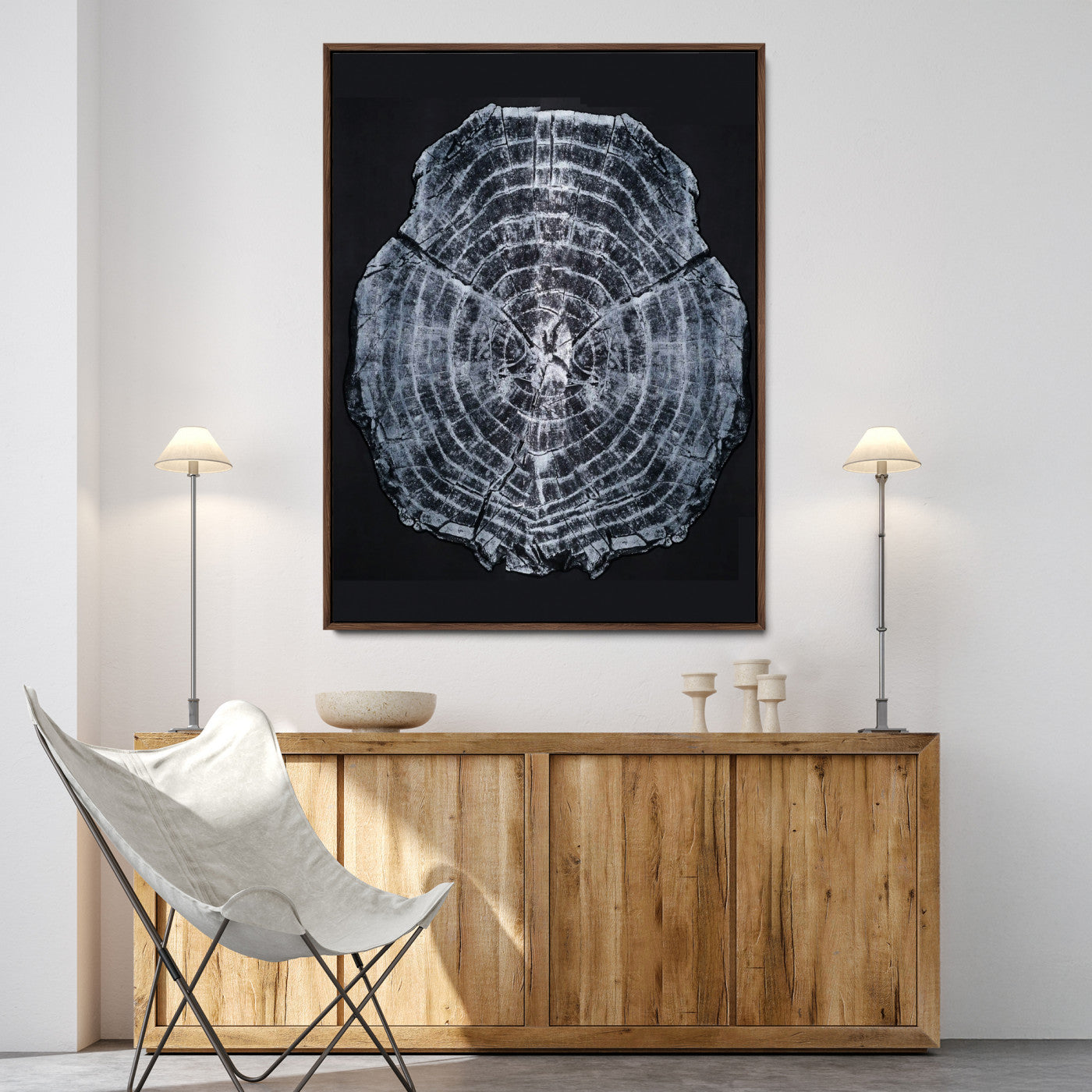 67859667-MGV-FC-24X36-Tree Ring Wall Art Wall Art Canvas Print, Framed Wood Slice Canvas Art Picture Print, Monochrome Nature Decor Perfect Modern