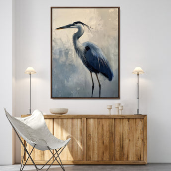 68368019-MGV-FC-24X36-Blue Heron Art Wall Art Canvas Print, Framed Crane Bird Painting Art Picture Print, Elegant Wildlife Scene Perfect Coastal