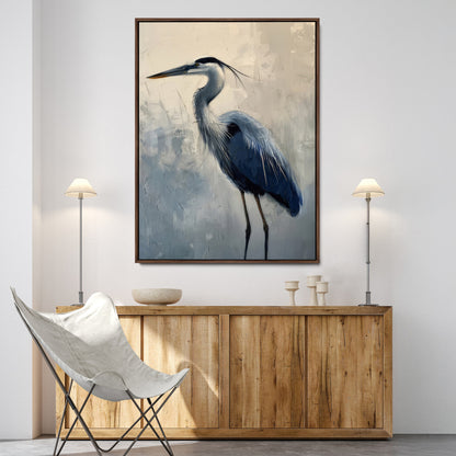 68368019-MGV-FC-24X36-Blue Heron Art Wall Art Canvas Print, Framed Crane Bird Painting Art Picture Print, Elegant Wildlife Scene Perfect Coastal