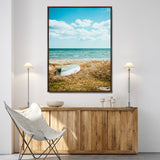 21725303-MGV-FC-24X36-Coastal Serenity Wall Art Canvas Print, Framed Ocean View Art Picture Print, Rustic Boat Perfect Nautical Coastal Decor Artwork