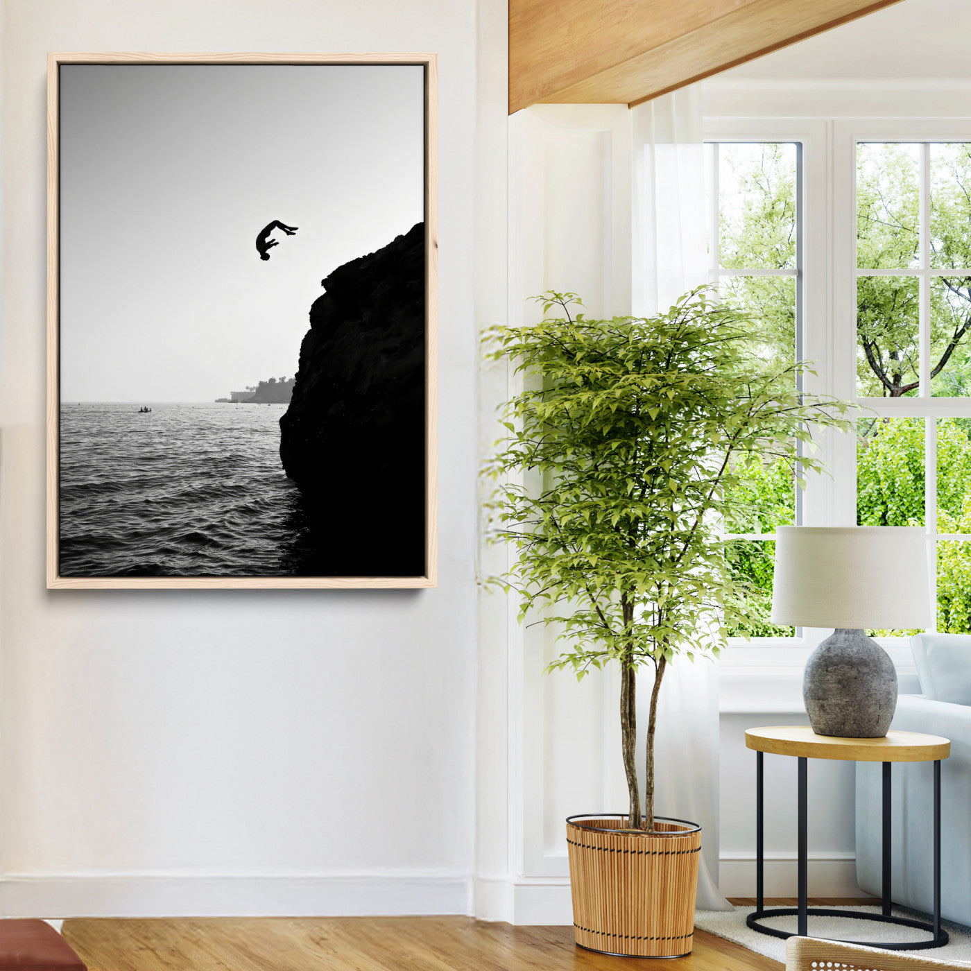 99497106-MGV-CV-24X36-Cliff Jumping Wall Art Canvas Print, Framed Black White Ocean Art Picture Print, Monochrome Cliff Perfect Minimalist Adventure