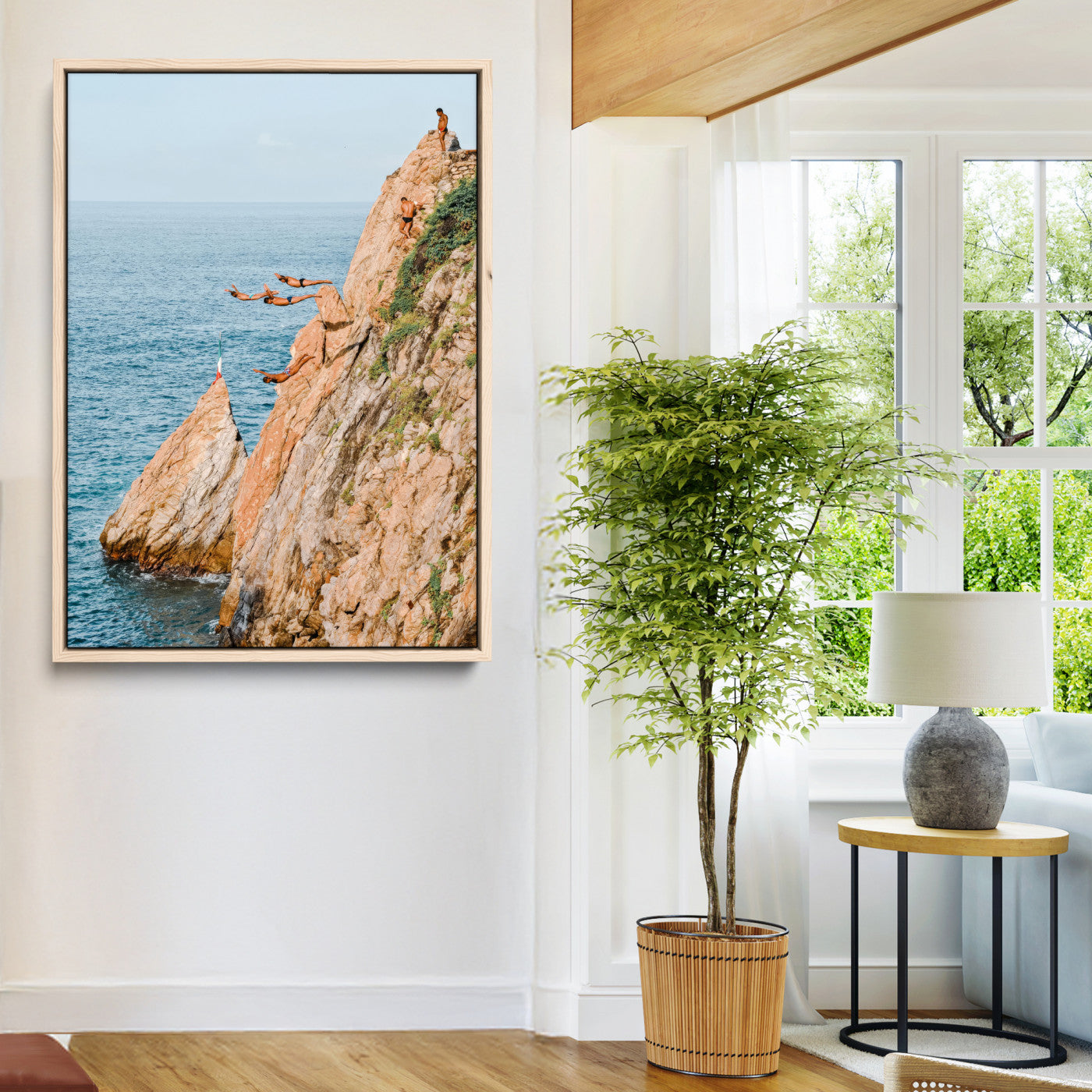 74527880-MGV-CV-24X36-Cliff Divers Wall Art Canvas Print, Framed Ocean Adventure Art Picture Print, Coastal Movement Perfect Adventurous Coastal Decor